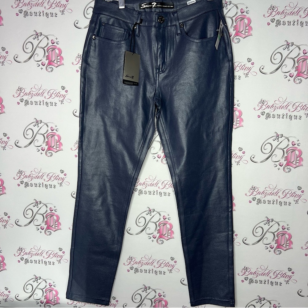 Seven7 Womens Coated Ponte Pant blue iris grey brand new with tags pants shiny